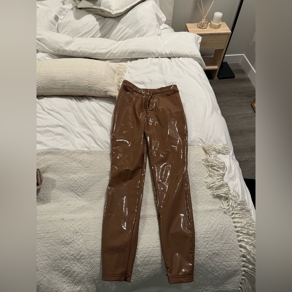 Wore once. HOUSE OF CB 'Haridan' Coffee Brown Patent Stretch Vinyl Trou - Picture 3 of 4